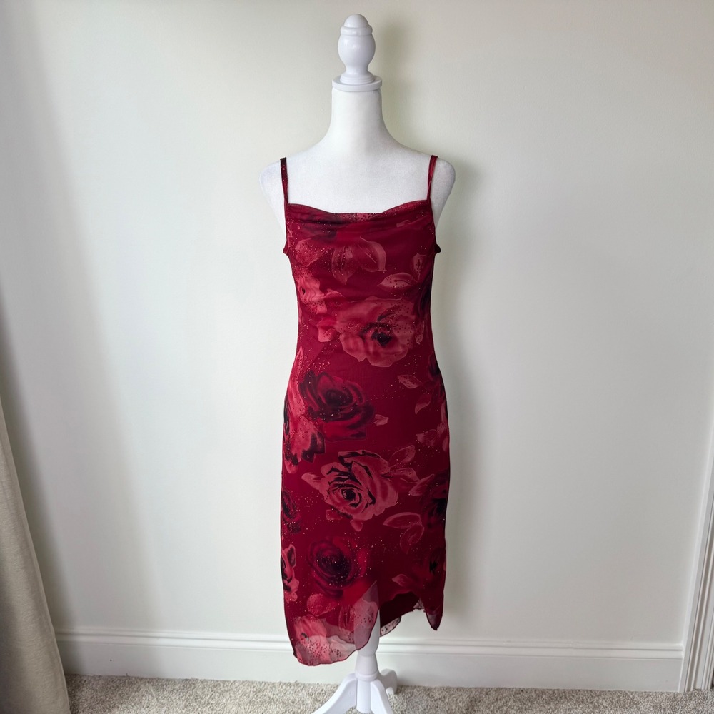 Vintage My Michelle Red Floral Sparkle Open Back Asymmetrical Dress Fairy Grunge